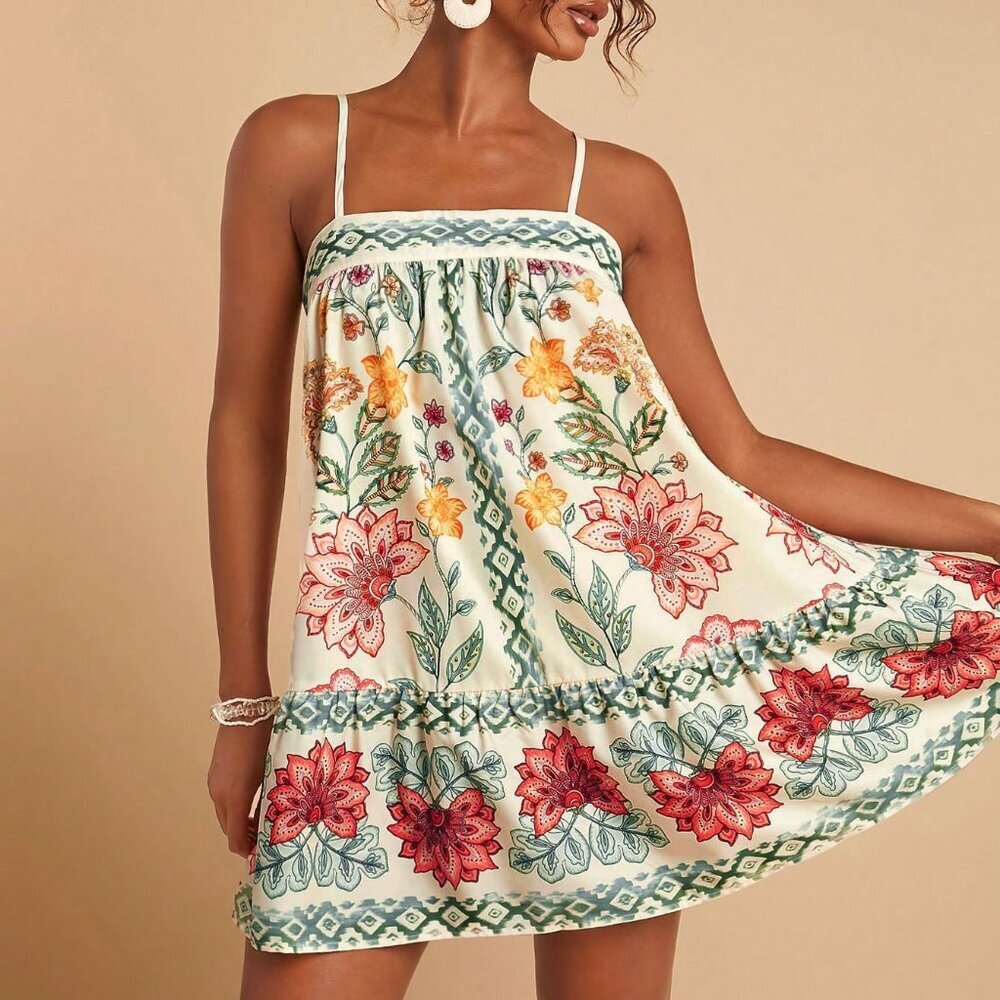 Multicolor Boho Women's Floral Print Spaghetti Strap Dress - Picture 6 of 7